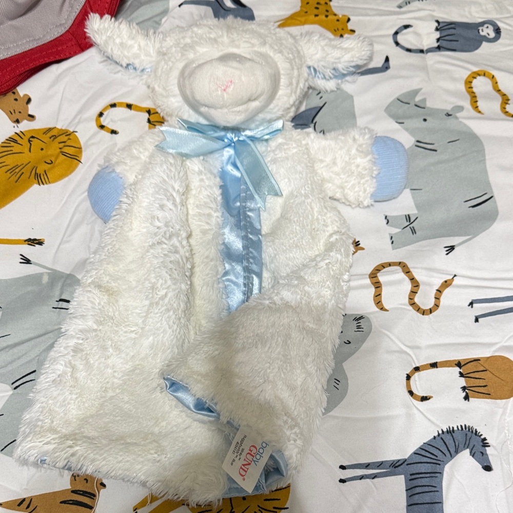 GUND Cream and Blue Plush Lamb Blanket Toy